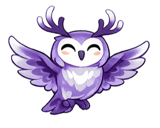 Saga, a small violet owl with antlers